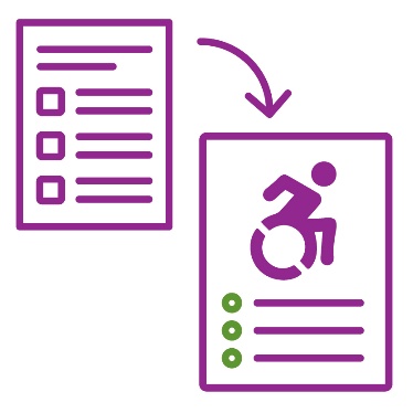 An arrow pointing from one document to a different document showing a disability icon and a list.