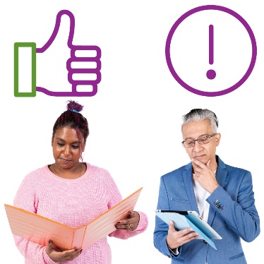2 people reading documents. Above are 2 icons, a thumbs up and an exclamation mark.