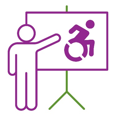 A person pointing to a whiteboard showing a disability icon.