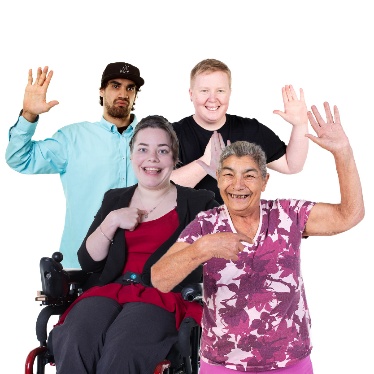 4 people pointing to themselves with their hands raised.