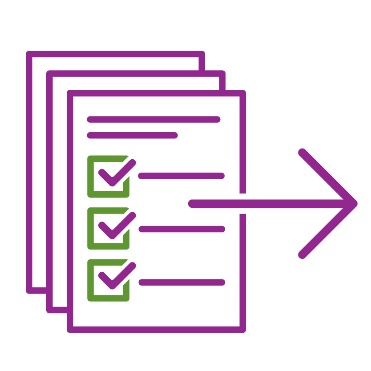 A stack of documents with an arrow pointing right. The top document shows 3 checked boxes.