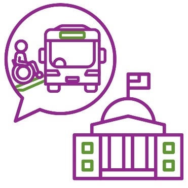 A speech bubble with a person in a wheelchair entering a bus. Below is a State Government icon.