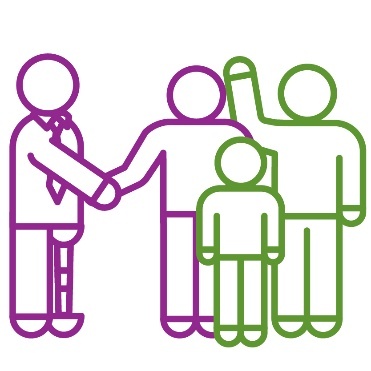 A person with a disability wearing a tie. They are shaking hands with a person standing next to another person and a child.