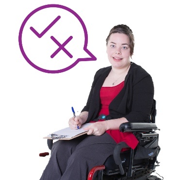 A person writing on a clipboard. They have a speech bubble showing a tick and a cross.