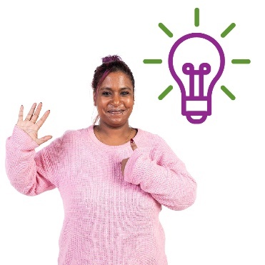 A person pointing to themself with their hand raised. Above is a lightbulb icon.
