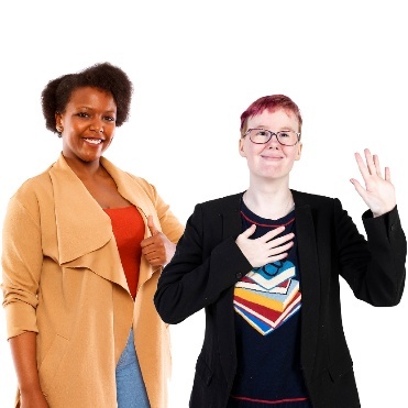 A person giving a thumbs up next to a person pointing to themself with their hand raised.