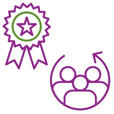 An award icon above an icon showing a curved arrow around a group of people.