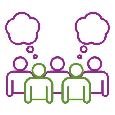 A group of people with 2 thought bubbles.