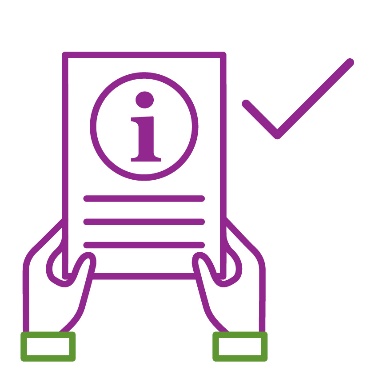 Someone holding a document showing an information icon. Next to this is a tick.