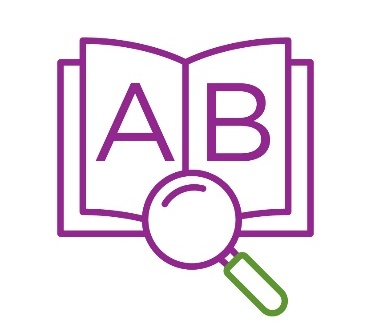 An open book showing 'A' and 'B'. There is a magnifying glass above it.