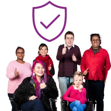 A safety icon above a diverse group of people.