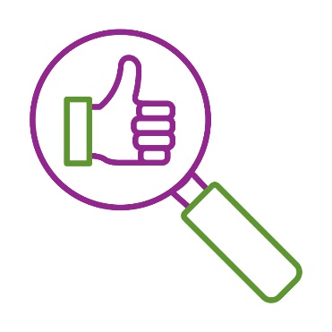 A magnifying glass showing a thumbs up.