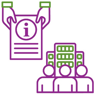 A person holding a document showing an information icon. Below are 3 people standing in front of some buildings.