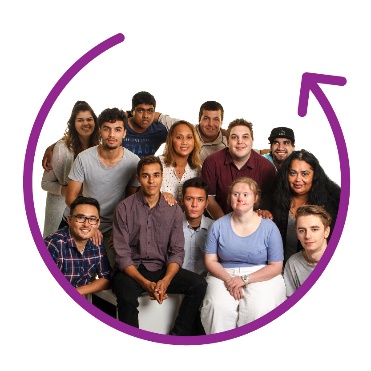 A curved arrow surrounding a large and diverse group of people.