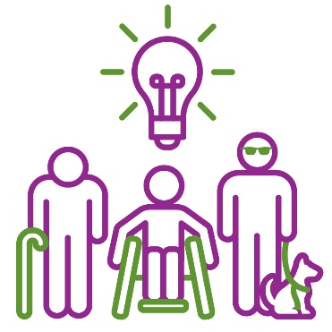 3 people with different disabilities. Above is a lightbulb icon.
